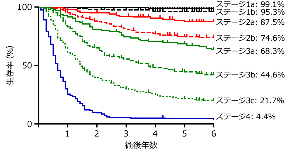 鳥取大学消化器外科の胃癌手術後のステージ別生存率